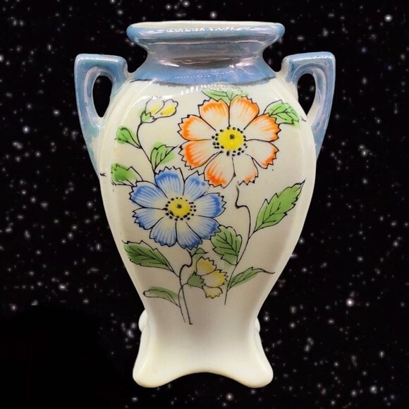 Japanese Ceramic Vase Hand Painted Lusterware Floral Blue with Two Handles Japan - Picture 1 of 10